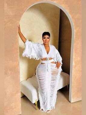 Crochet White Fringe Maxi Skirt - Women's Stylish Cutout Design